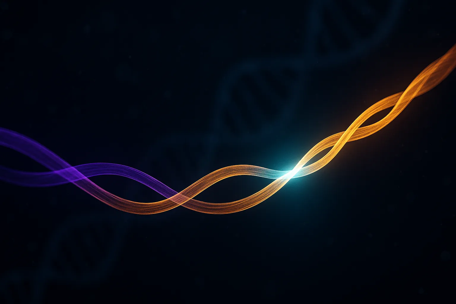 Two luminous ribbons of light braiding into a single brighter strand, representing the eloralintide and tirzepatide combination