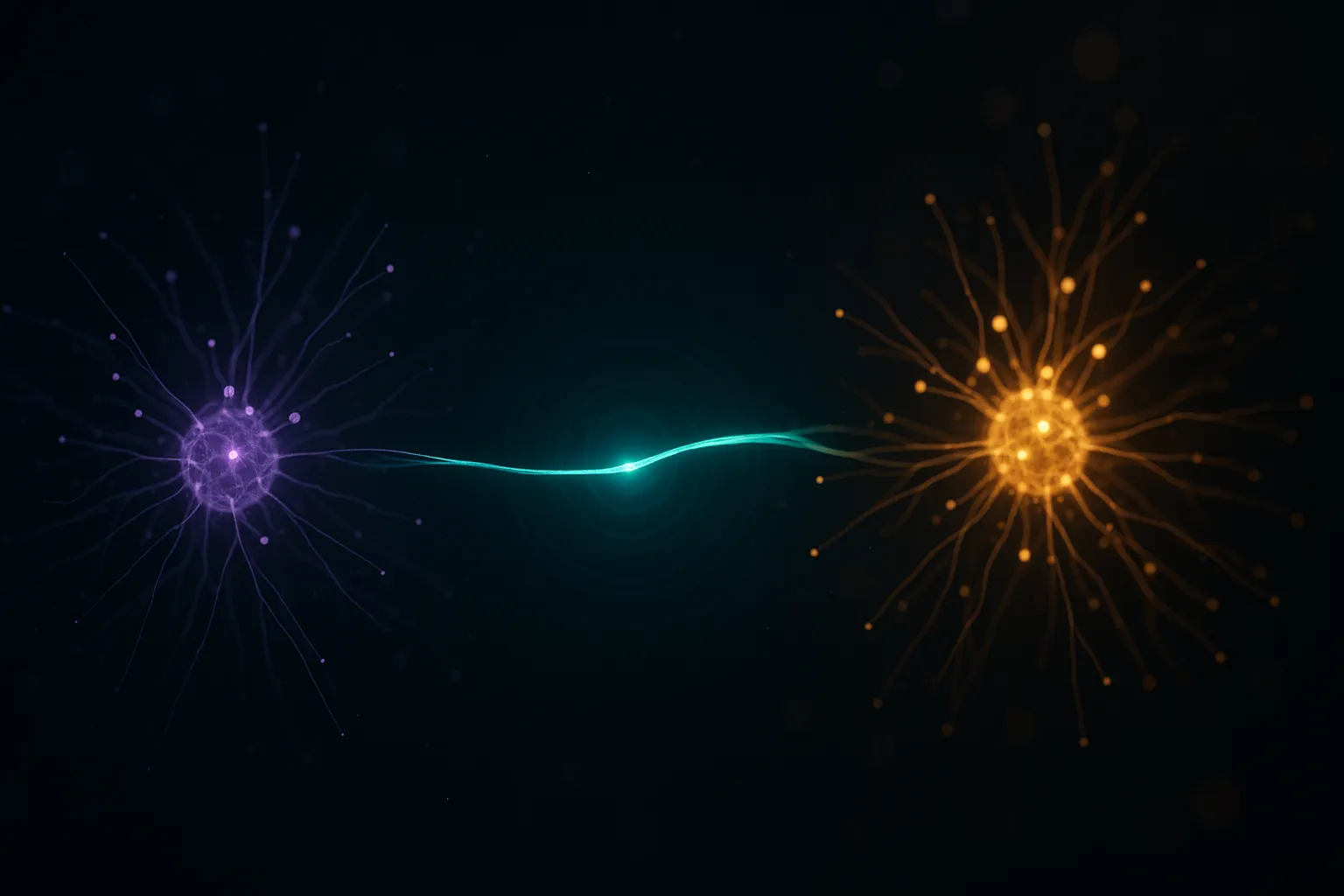 Two glowing node clusters bridged by a filament of light, representing amylin and incretin receptor pathways acting together