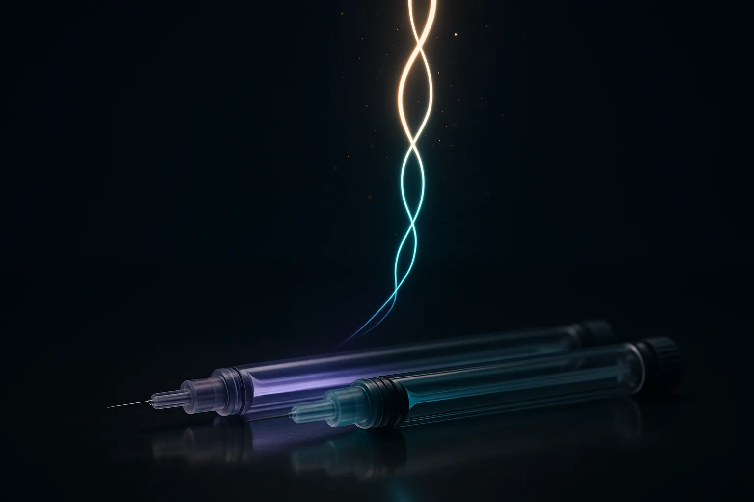 Two glass injection pens on a dark lab surface, one violet and one teal, their light trails braiding into a single brighter ribbon