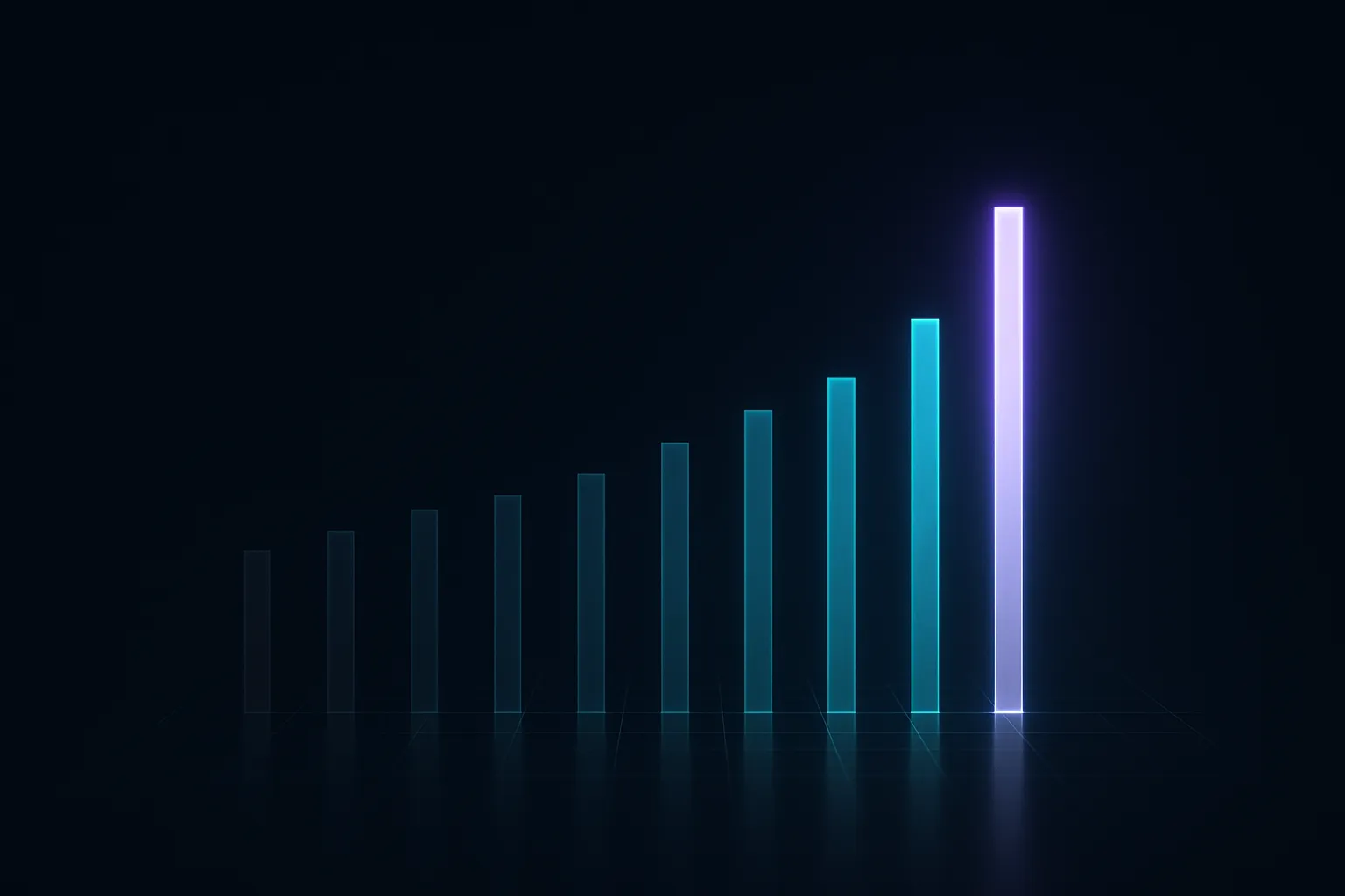 Ten vertical columns of light of varying heights on a dark glass panel, the tallest glowing violet-white at the right