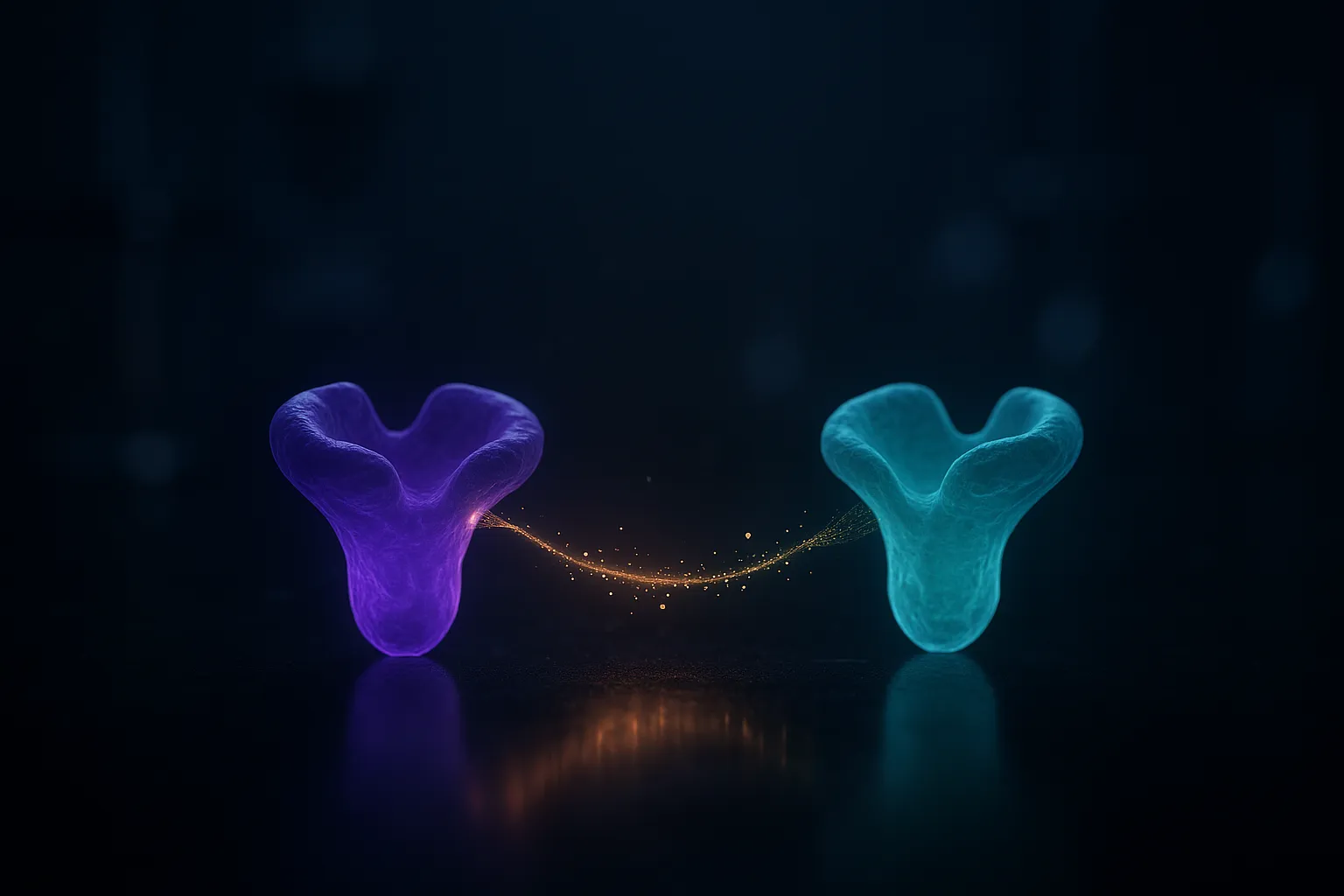 Two glowing receptor-like structures, one violet and one teal, connected by a filament of golden light above a dark surface