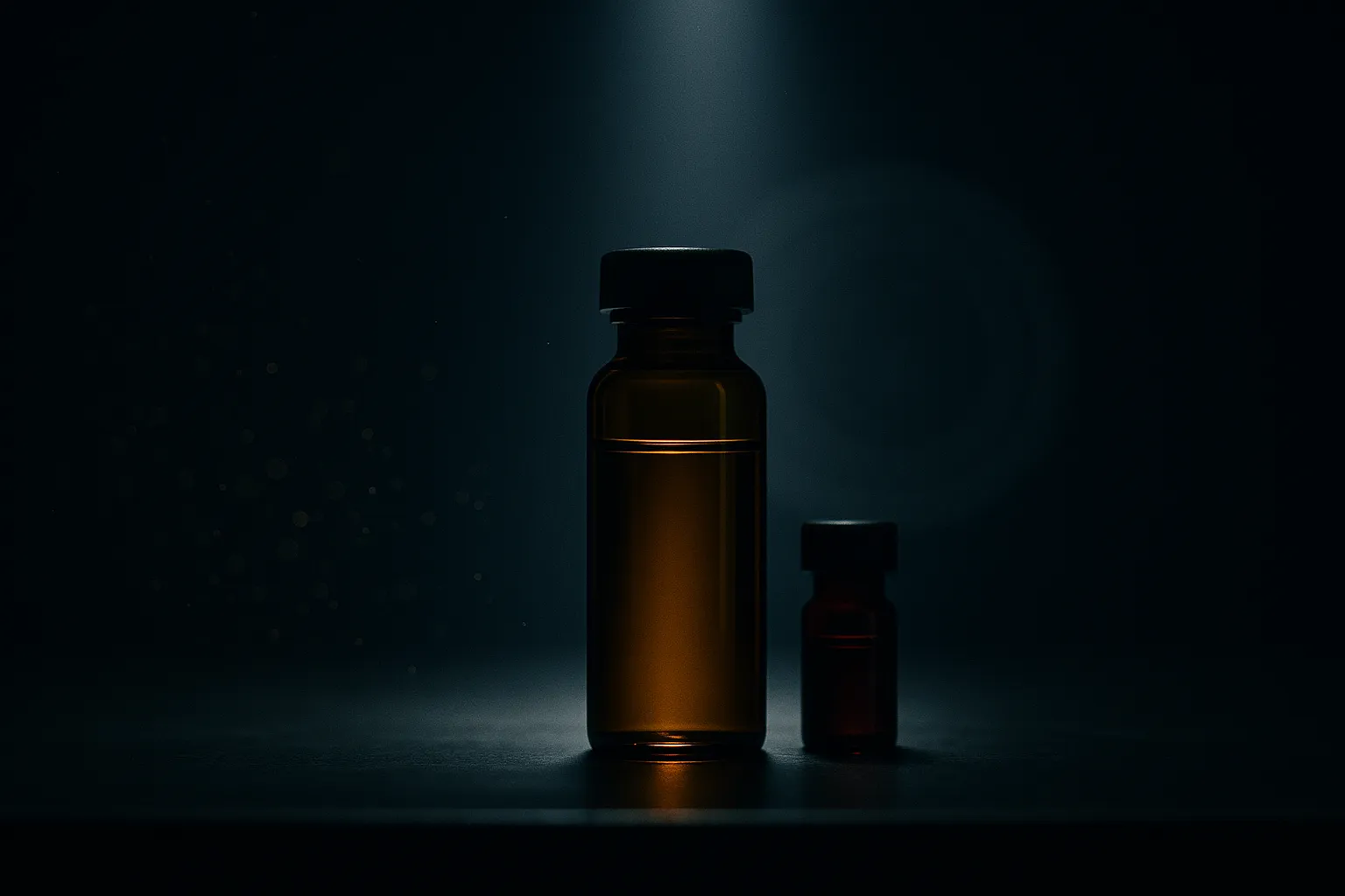 A single large amber vial standing under a narrow column of pale light on a dark laboratory bench, flanked by a small red-tinted vial, with an oversized government seal shape dissolving into haze in the background