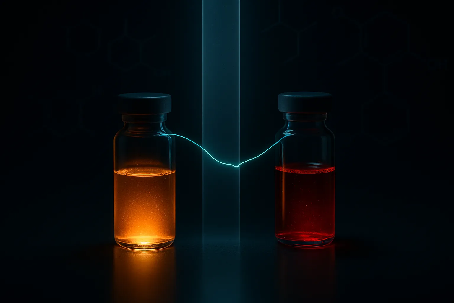 A close view of two laboratory vials on a dark reflective surface, one amber and one deep red, connected by a thin thread of light that is being severed by a descending pale barrier of light