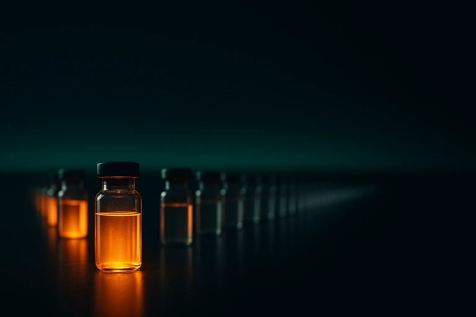 A wide dark scene showing a row of small illuminated pharmacy vials receding into the distance, the nearest ones bright amber and the farthest fading to grey, beneath a broad emerald band of light along the horizon