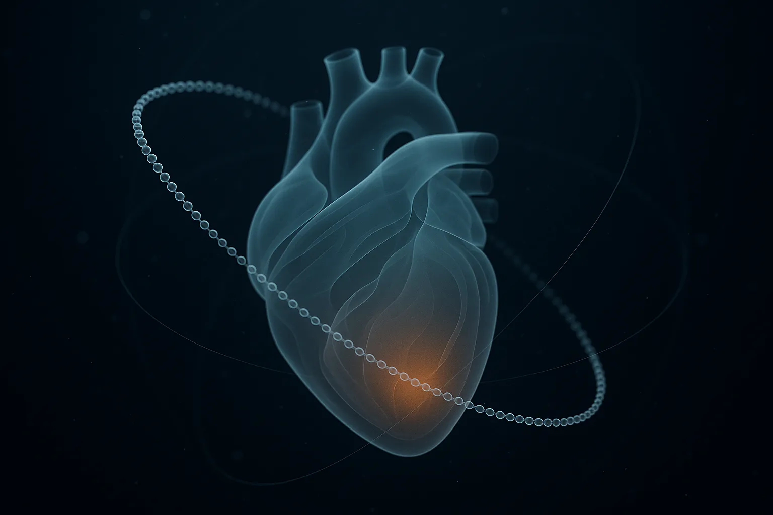 Translucent luminous heart rendered in silver-blue and teal against black, its lower chamber glowing warm amber, with a fine chain of linked spheres orbiting around it
