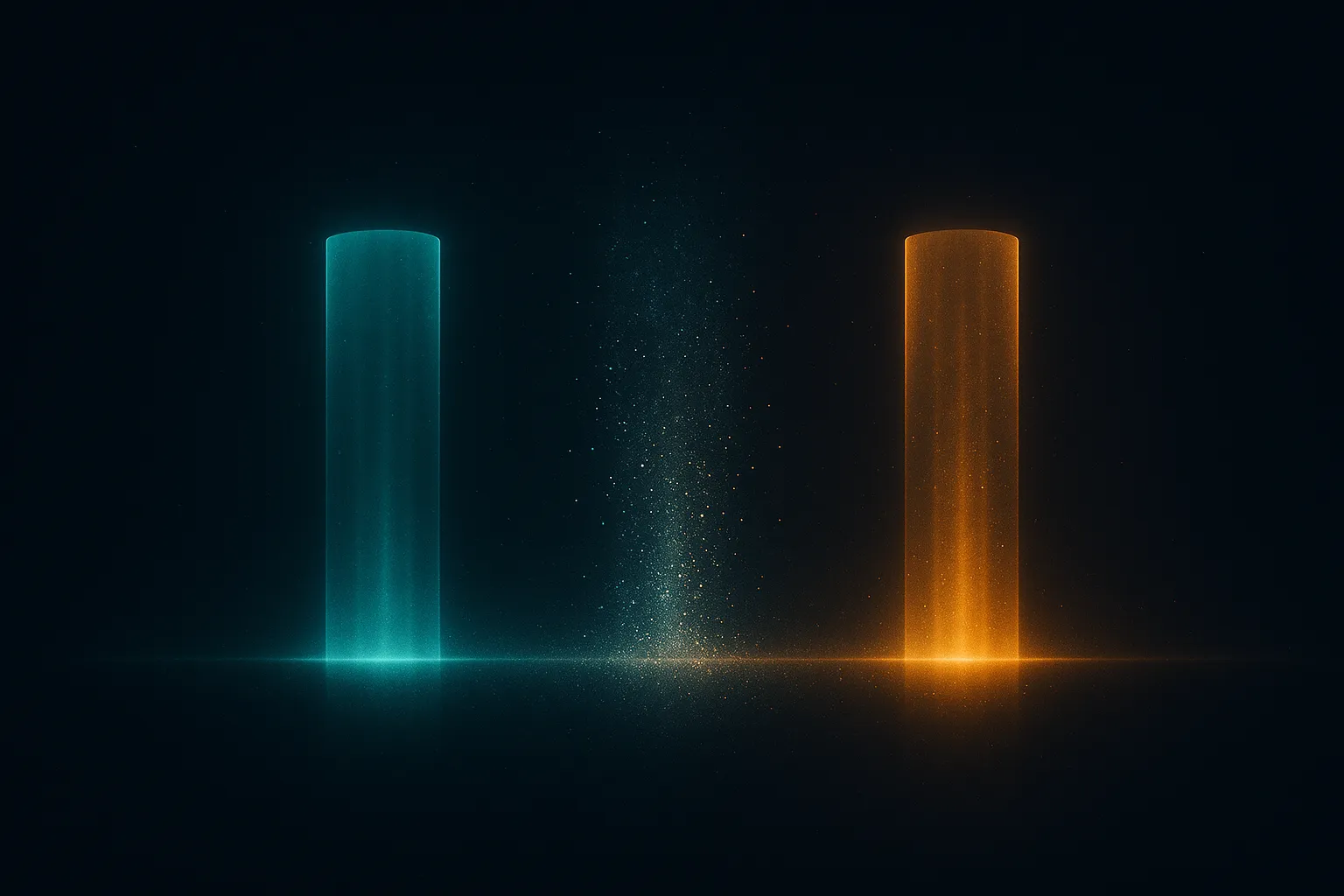 Three translucent glowing columns, the middle one dissolving into drifting particles while the outer two brighten, one teal and one amber, above a thin luminous threshold line