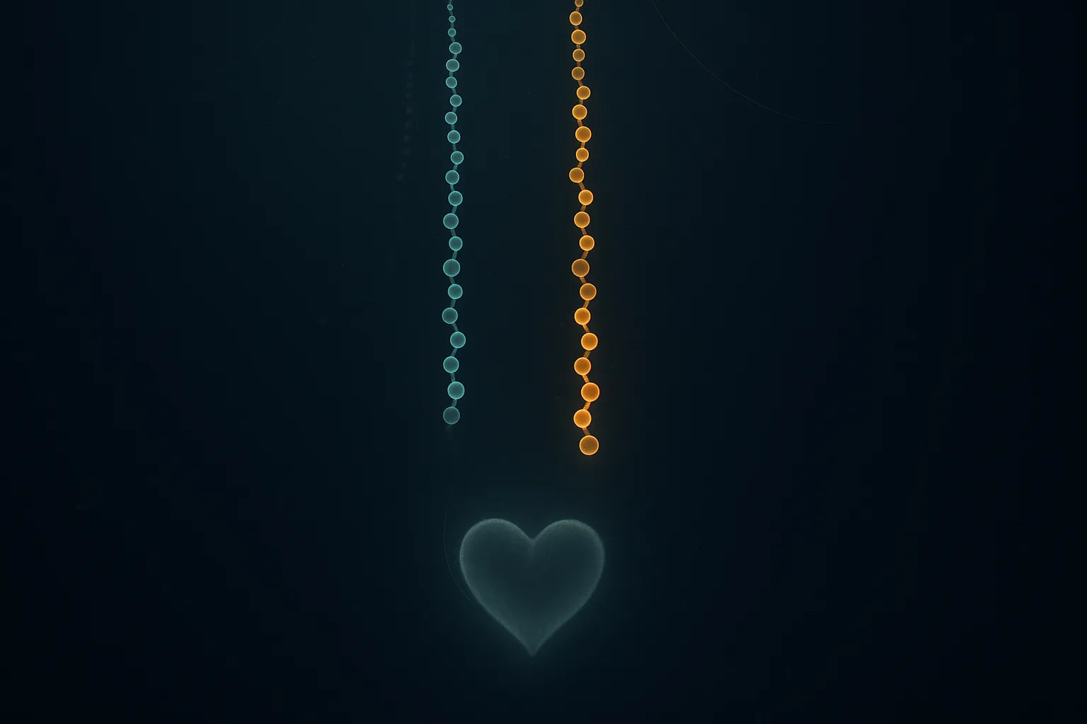 Two chains of glowing linked spheres, one teal and one amber, descending in parallel through dark space and stopping well above a faint softly lit heart-shaped form below