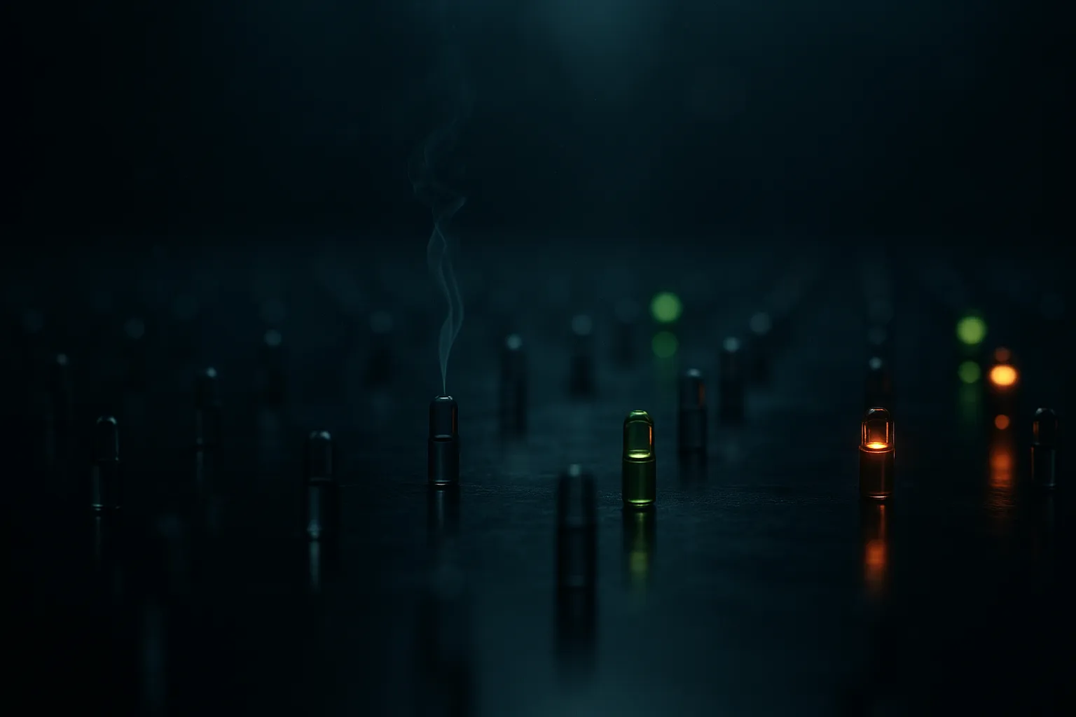 A grid of vial-shaped nodes on a dark navy background, most of them dark and cold with one recently extinguished, only a few still glowing emerald and amber, representing the peptide vendors still shipping after a closure