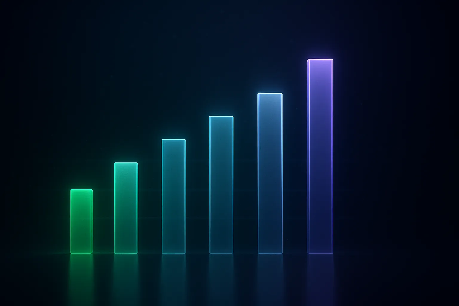 Six glowing vertical bars of emerald and teal light on a dark navy background, arranged like a bar chart comparing vendor prices