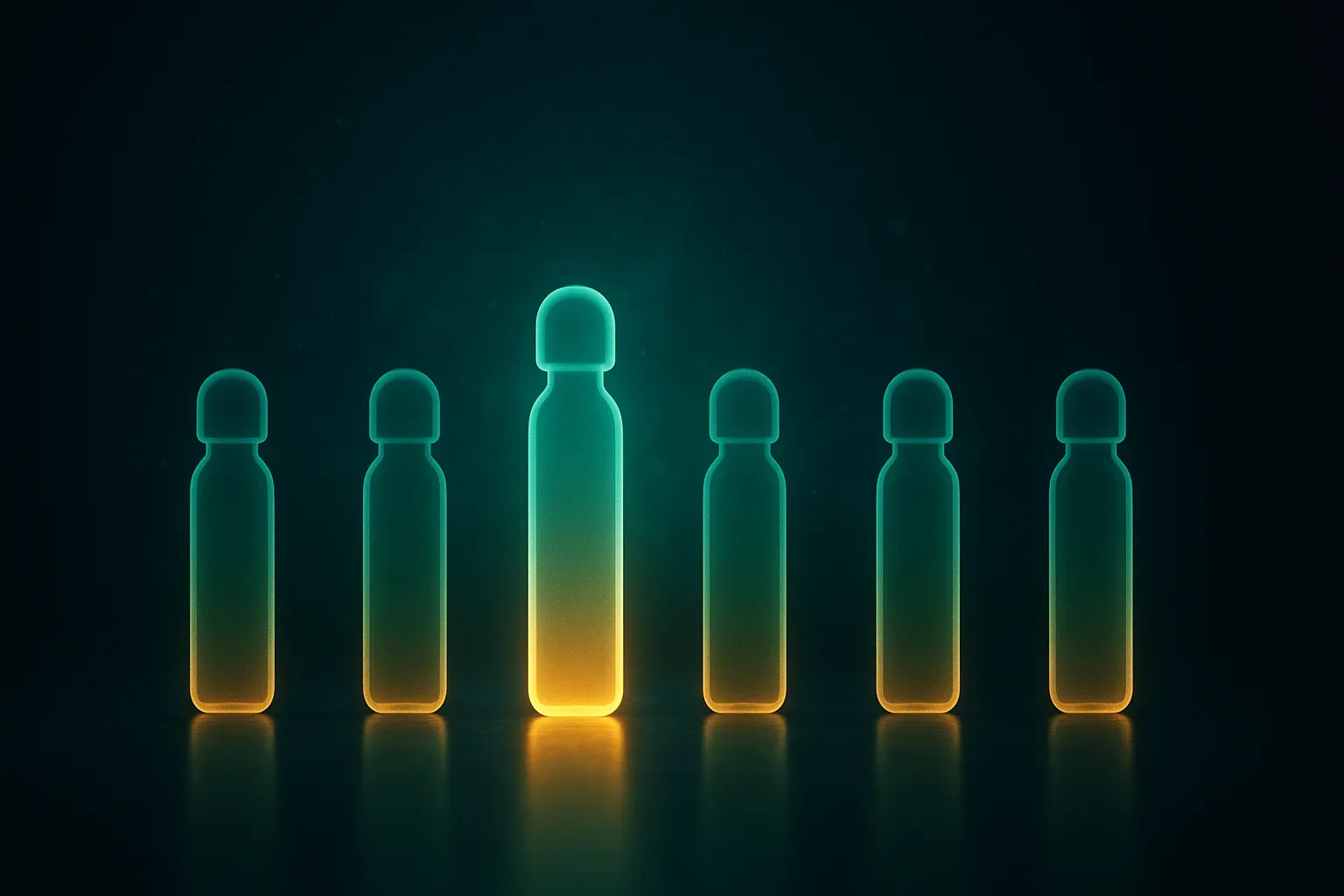 A row of glowing emerald and amber vial-shaped nodes on a dark navy background, one brighter and taller than the rest, representing trusted replacement vendors
