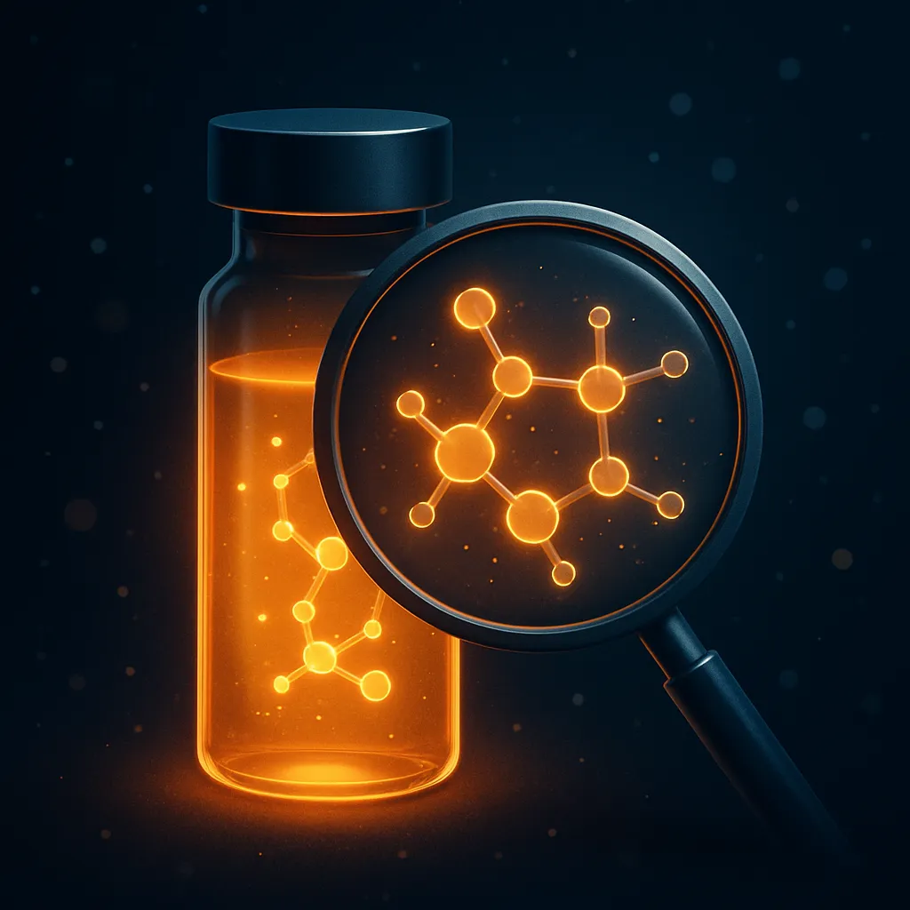 Glowing amber peptide vial under magnifying inspection lens