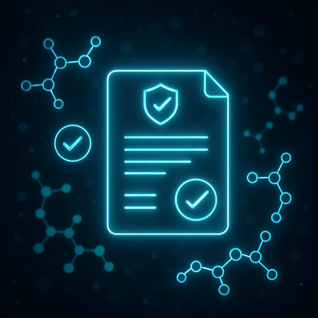 COA document hologram with molecular chain and verification checkmarks