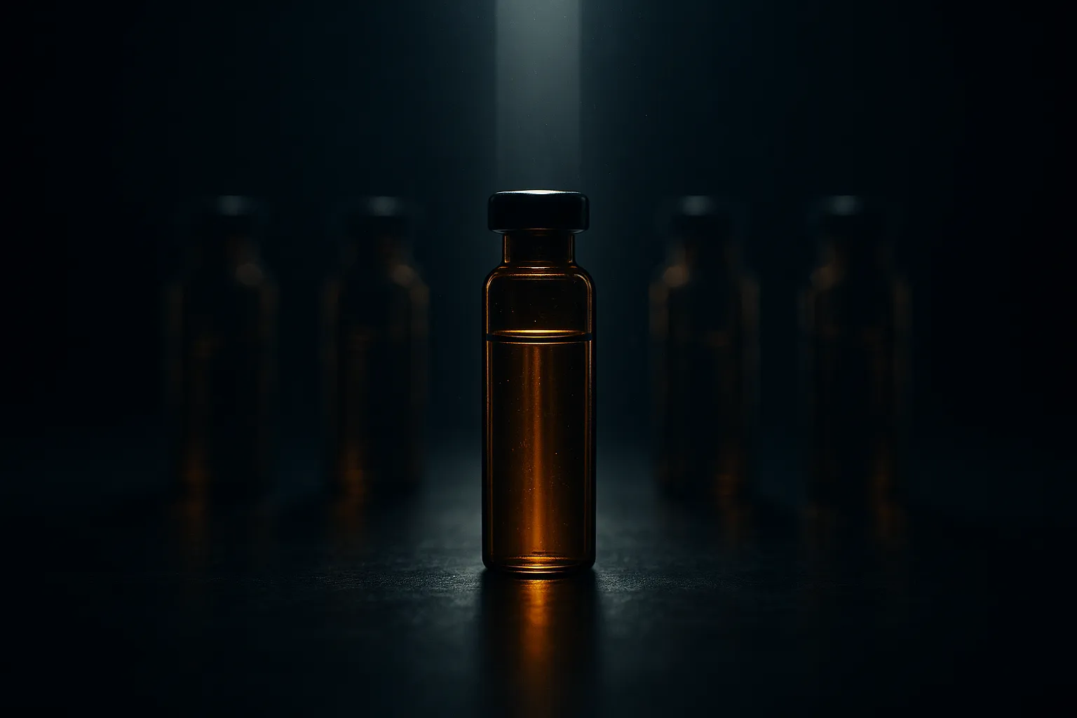 Single sharply lit amber vial flanked by four blurred near-identical duplicates receding into haze