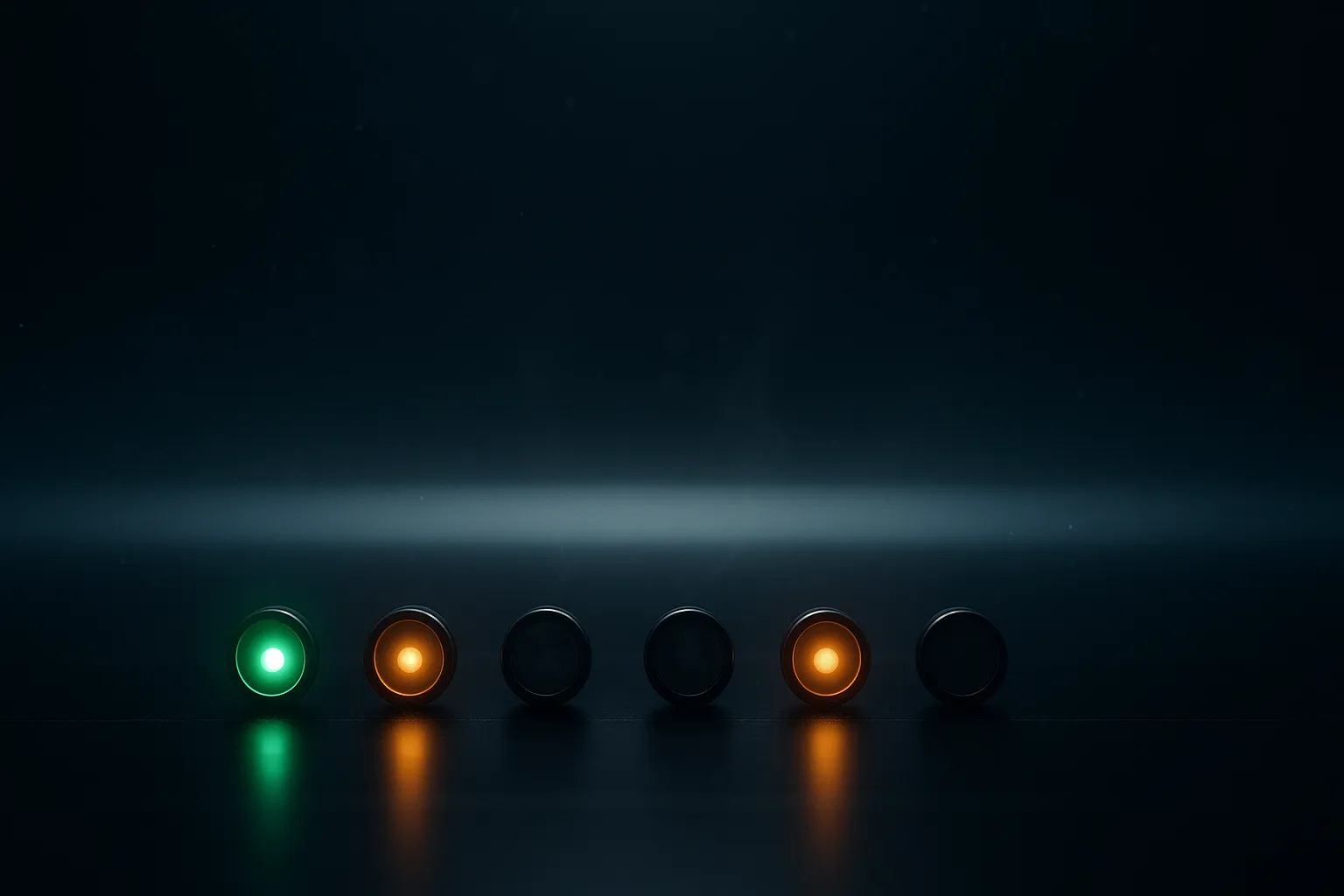 Row of six markers on a dark plane, two green, two dim gold, two extinguished