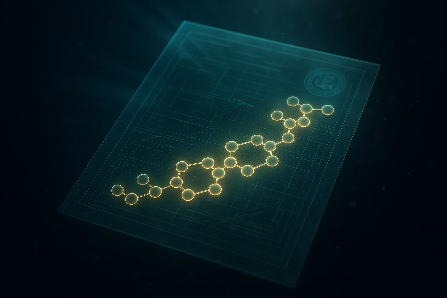 Glowing translucent regulatory blueprint with a peptide chain traced across it on a dark navy background