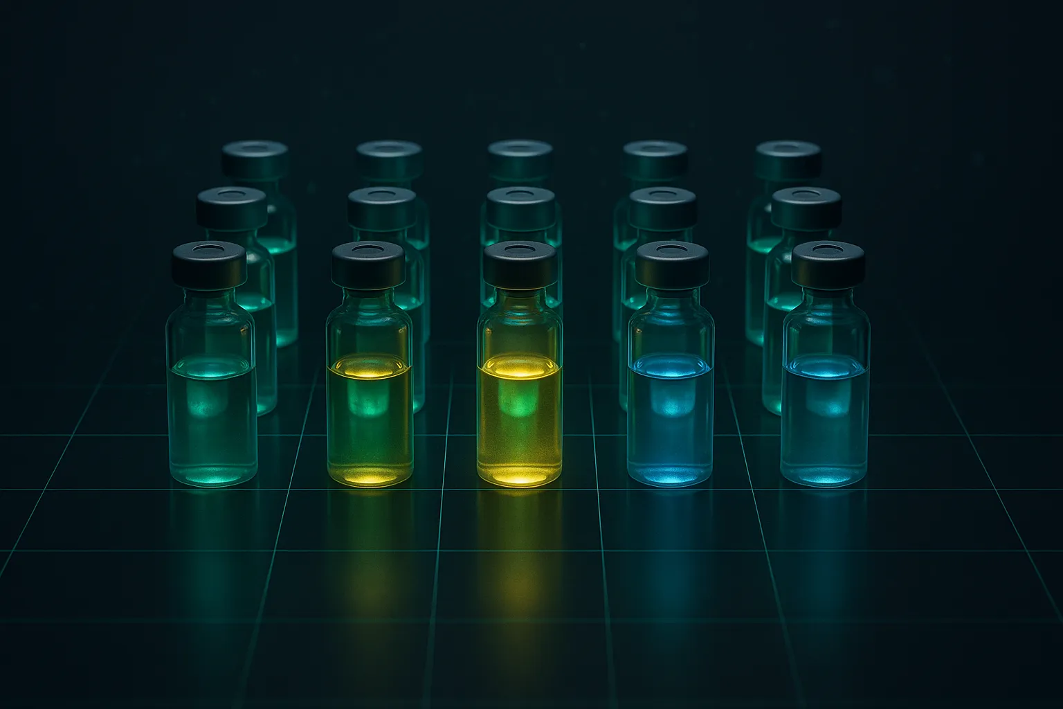 Grid of seventeen glowing translucent vials arranged in even rows on a dark navy surface
