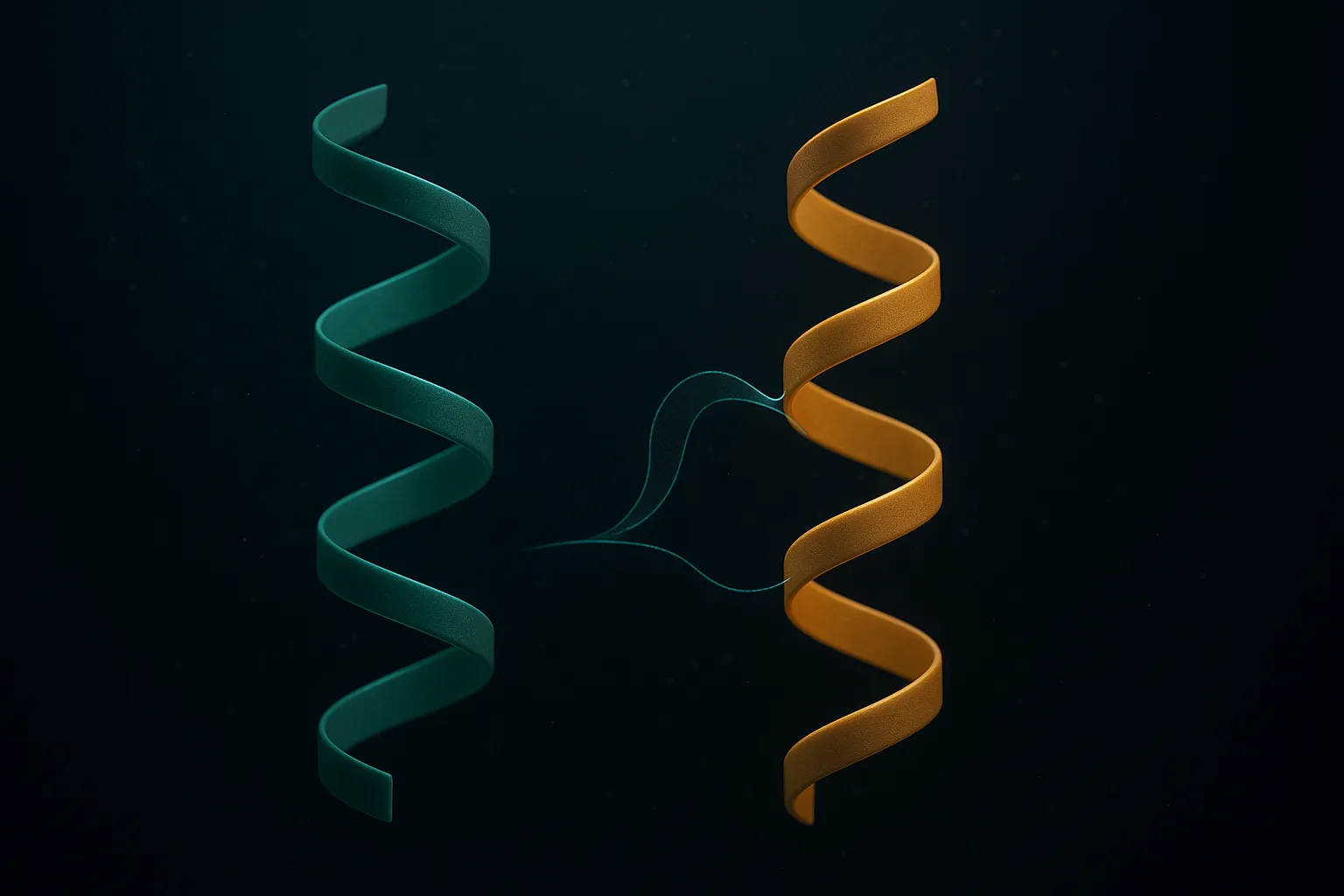 Two nearly identical glowing peptide ribbons side by side with one small region of divergence highlighted