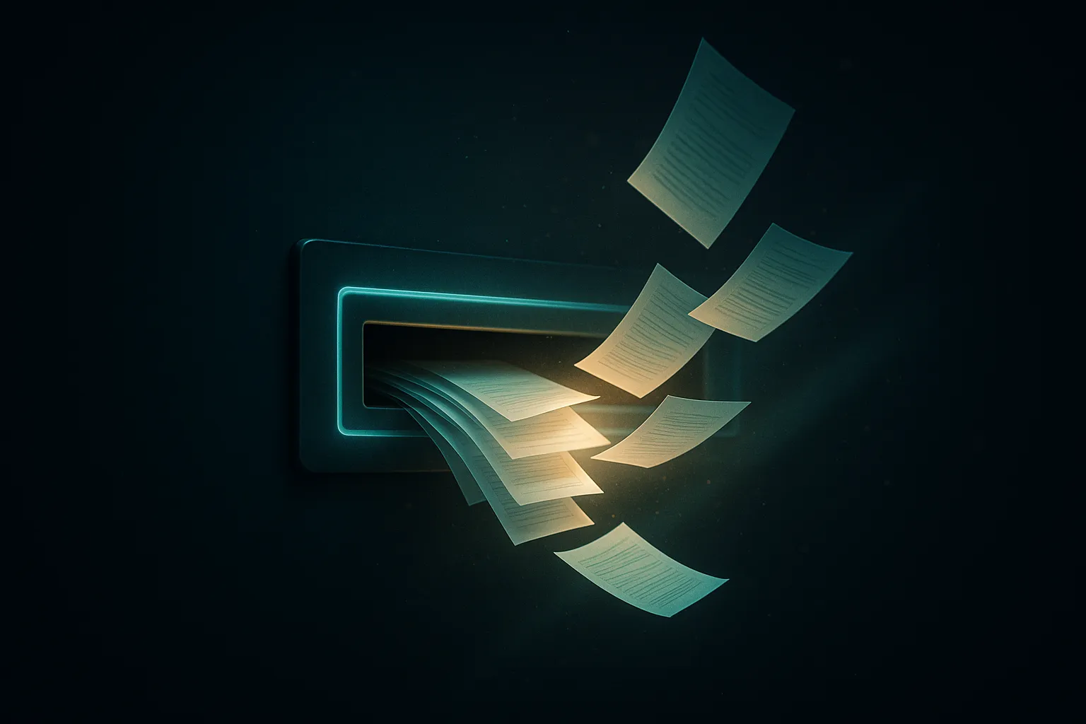 Glowing translucent docket aperture sealing shut as a stream of luminous filing sheets flows into it on a dark navy background