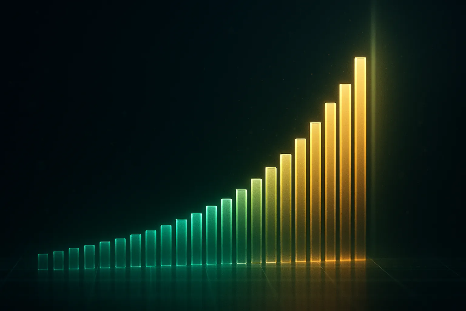 Abstract glowing bar chart rising steeply from left to right with a vertical light beam marking a cutoff near the right edge