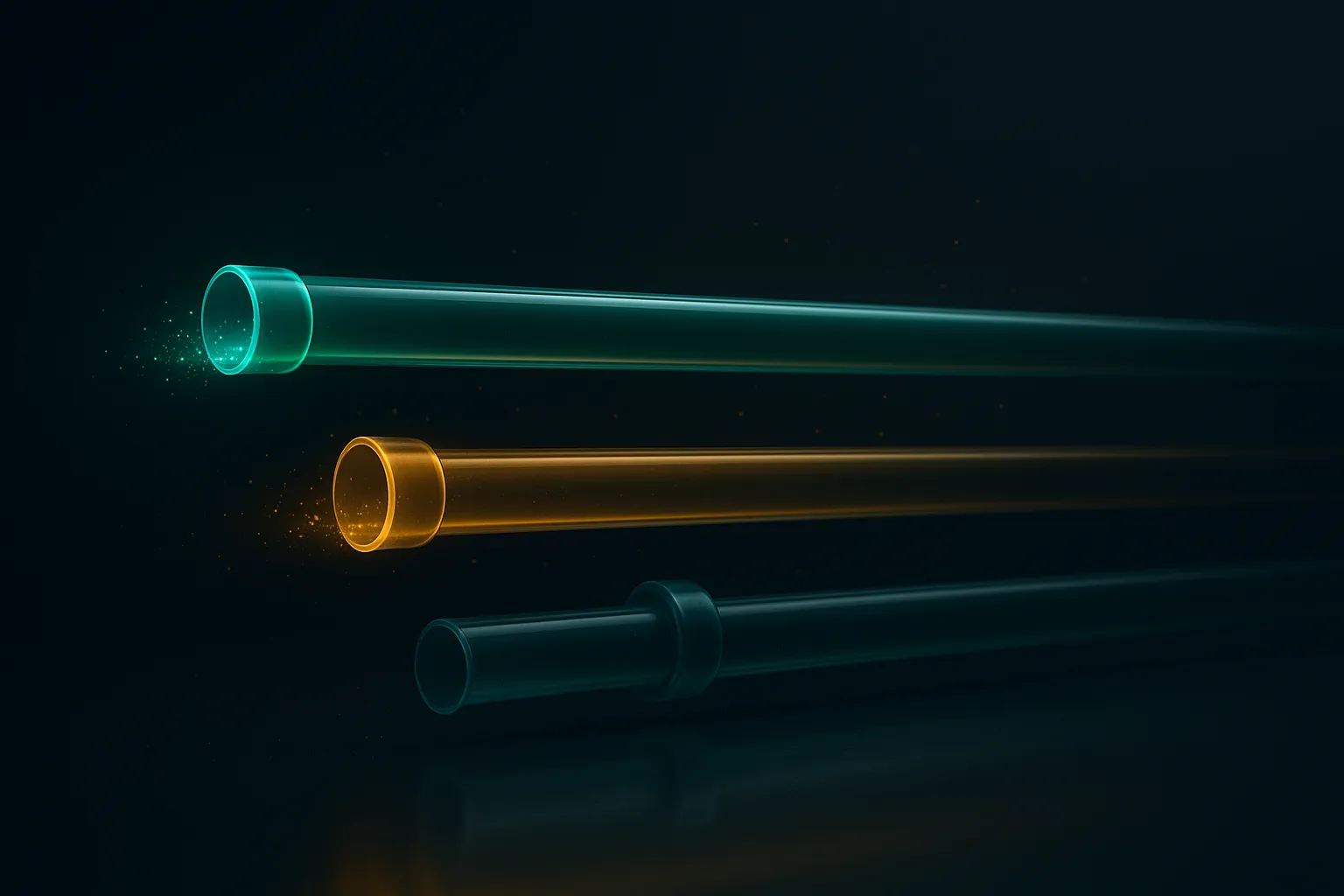 Three glowing translucent pipelines running in parallel, two open and flowing, the third pinched shut by a luminous clamp