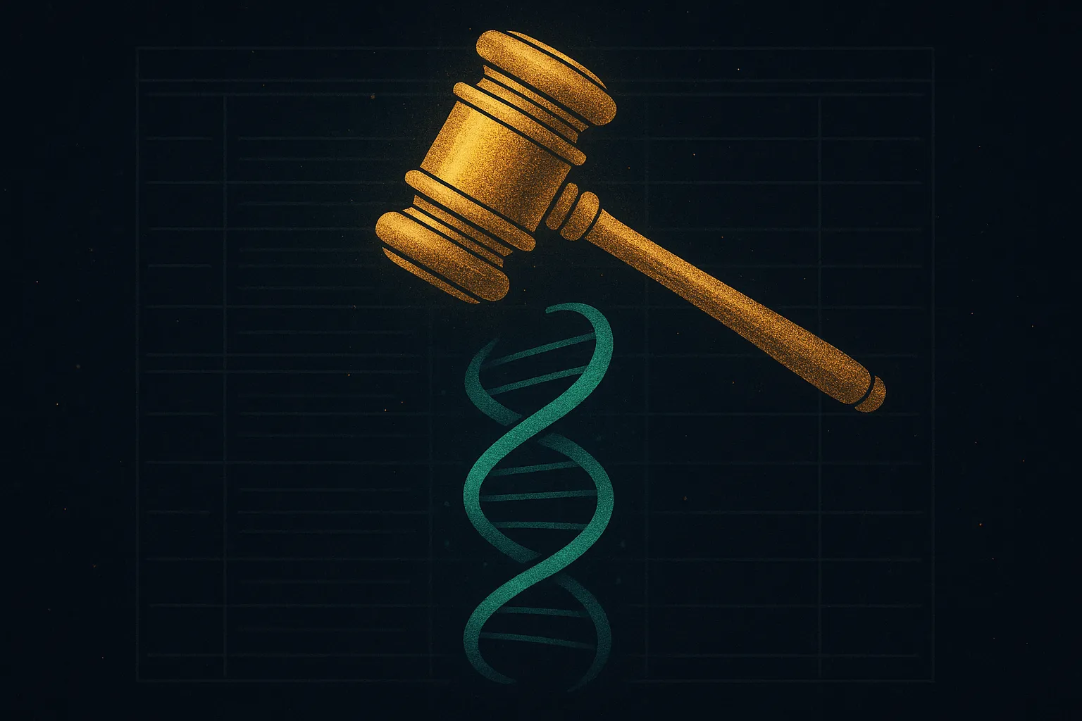 Abstract gavel and emerald GLP-1 peptide molecule illustration representing FDA enforcement action on compounded GLP-1s