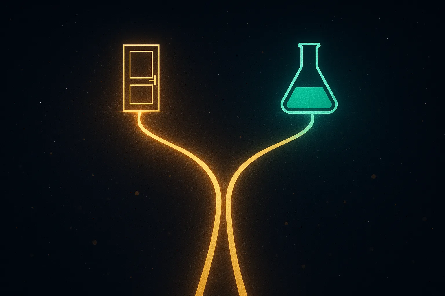 Two diverging gold paths illustration, one closing toward a door and one opening toward laboratory glassware