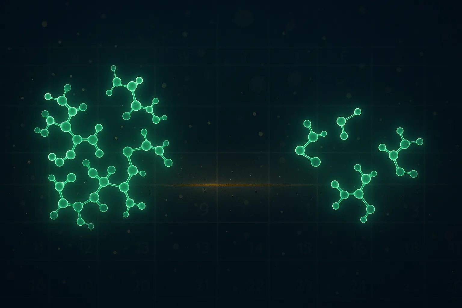 Regulatory document with 12 glowing peptide structures separating into two review timelines