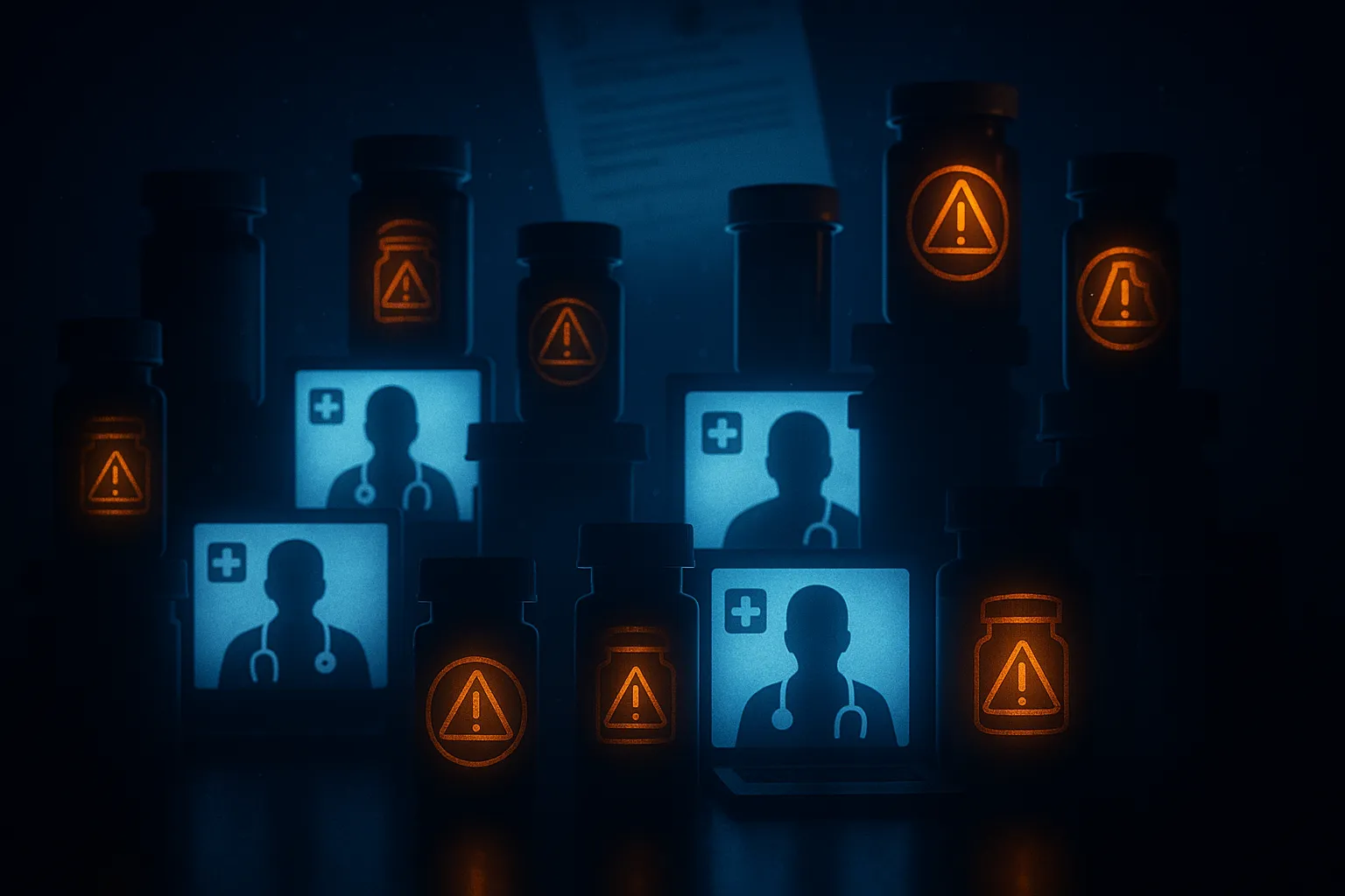 FDA warning seal over a wall of telehealth screens and compounded GLP-1 vials