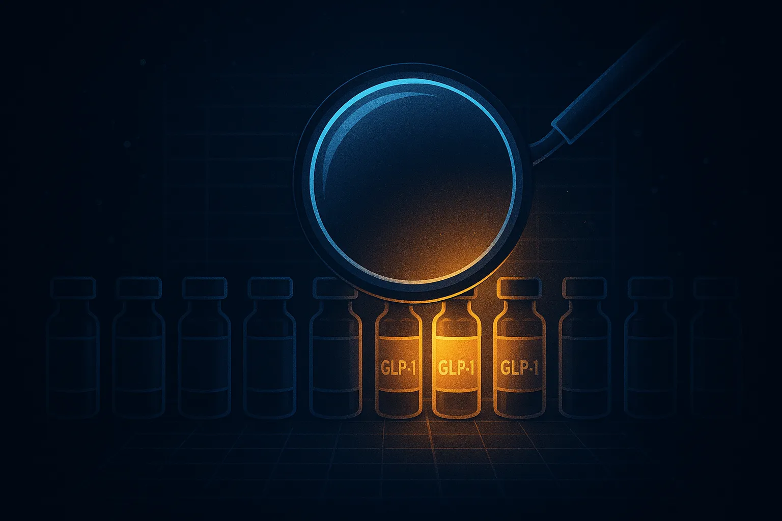 Magnifying lens inspecting a row of compounded GLP-1 vials