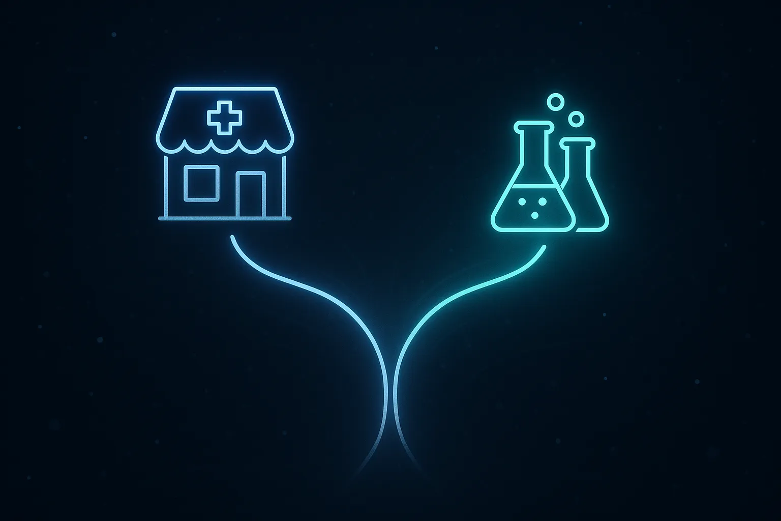 Two diverging paths: a closed telehealth storefront and an open lab glassware silhouette