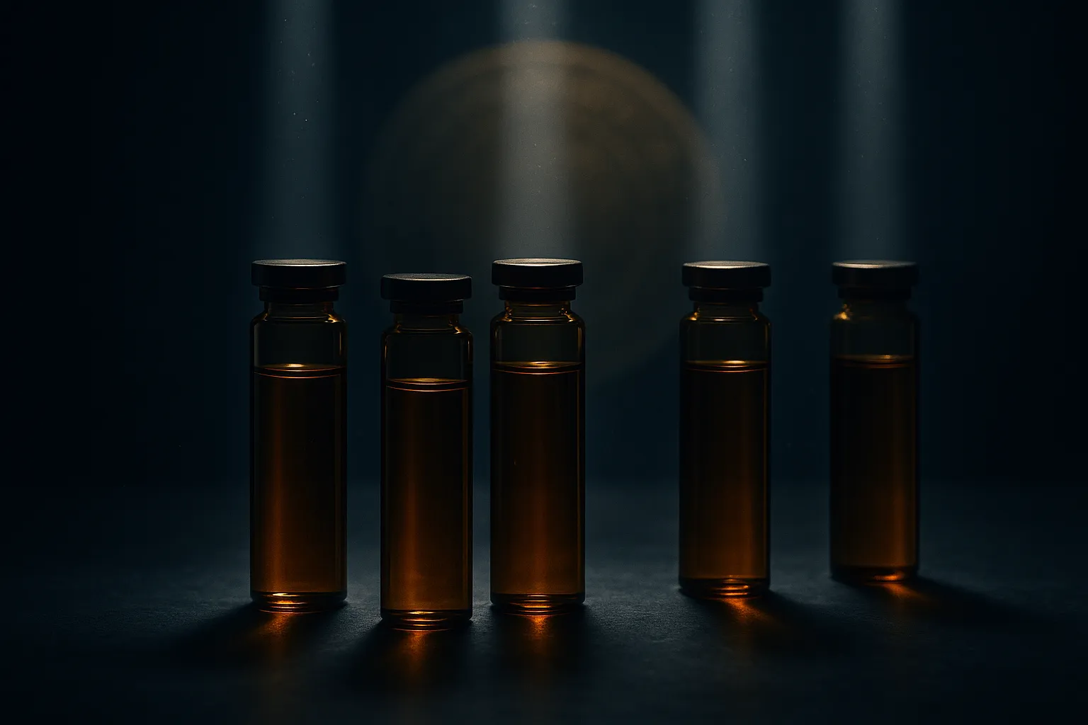 Five tall amber glass vials arranged in a shallow arc on a dark slate surface, each lit from above by a narrow column of pale light, with a large muted seal-like disc glowing faintly in the background haze