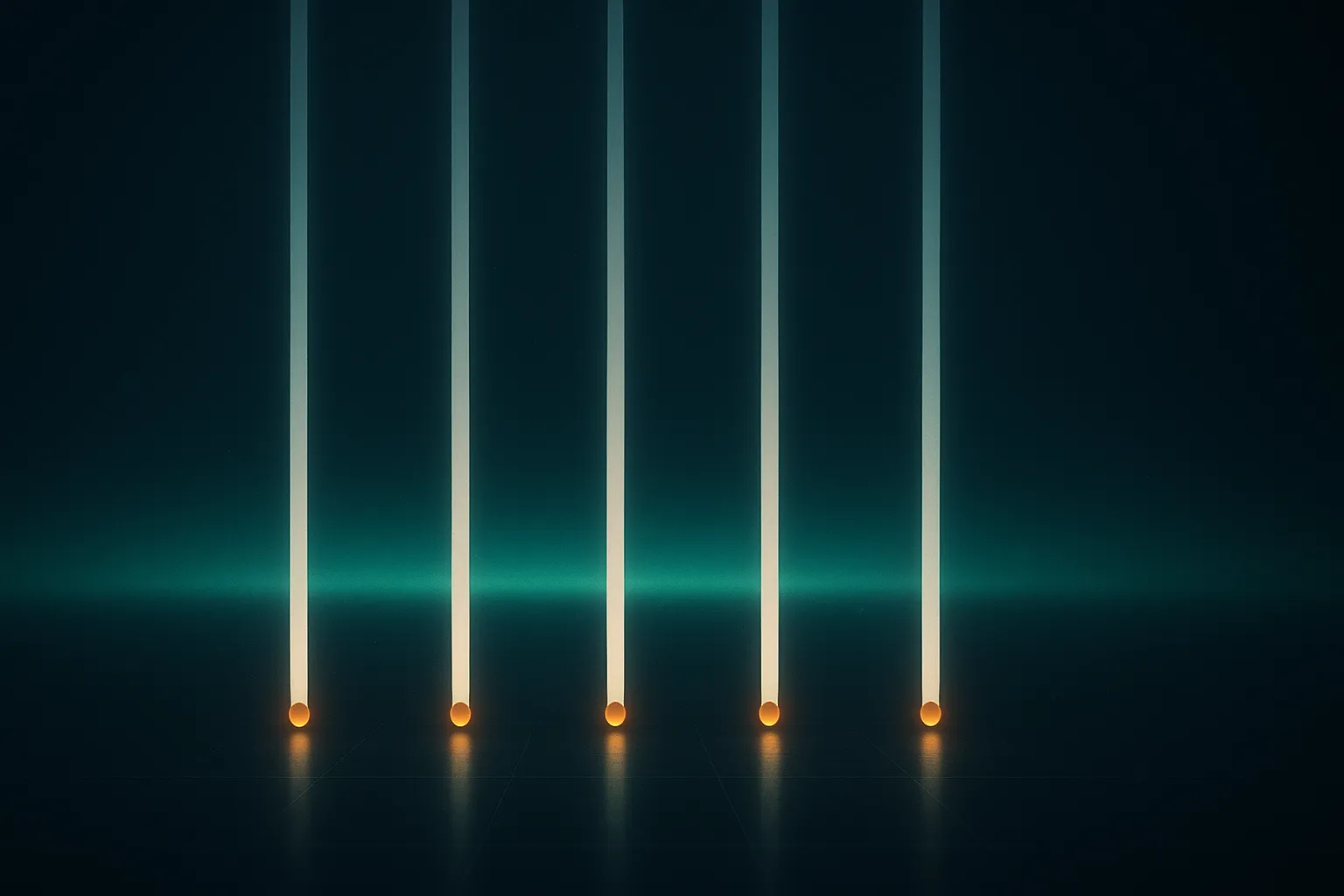 A horizontal row of five narrow light columns descending onto a dark reflective plane, each column resolving into a small amber marker at its base, with a broad emerald band of light running unbroken beneath them