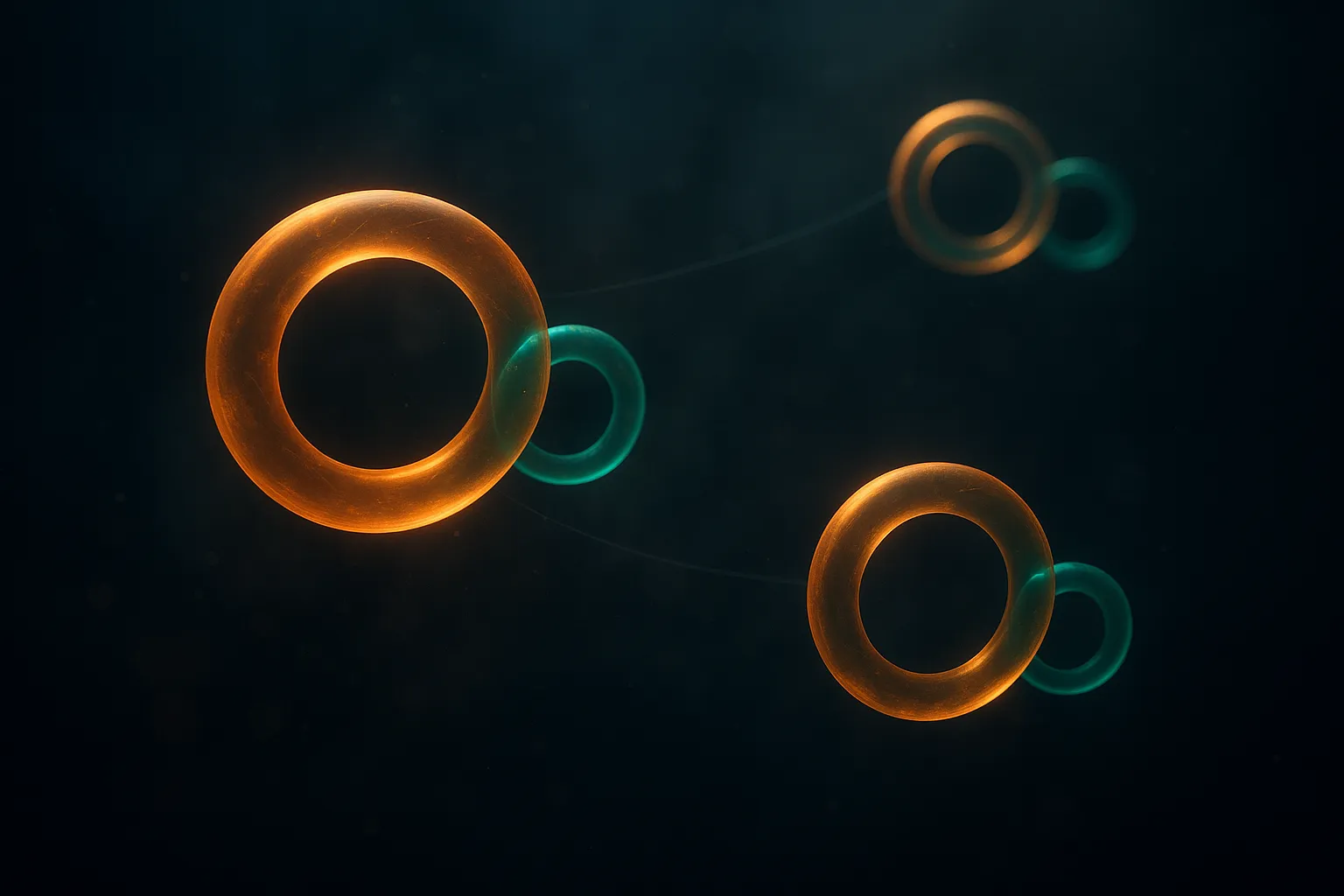 A dark field showing three glowing amber rings of differing sizes suspended at varying depths, each paired with a smaller emerald ring set slightly behind it, connected by faint threads of light