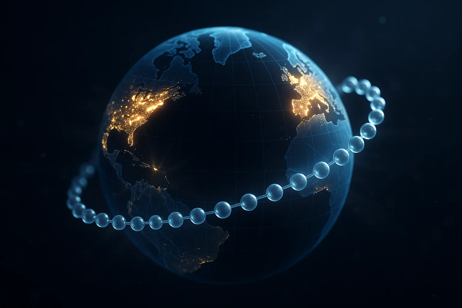 Glowing blue wireframe globe with continents lit in gold and a silver peptide chain arcing across it like a trade route