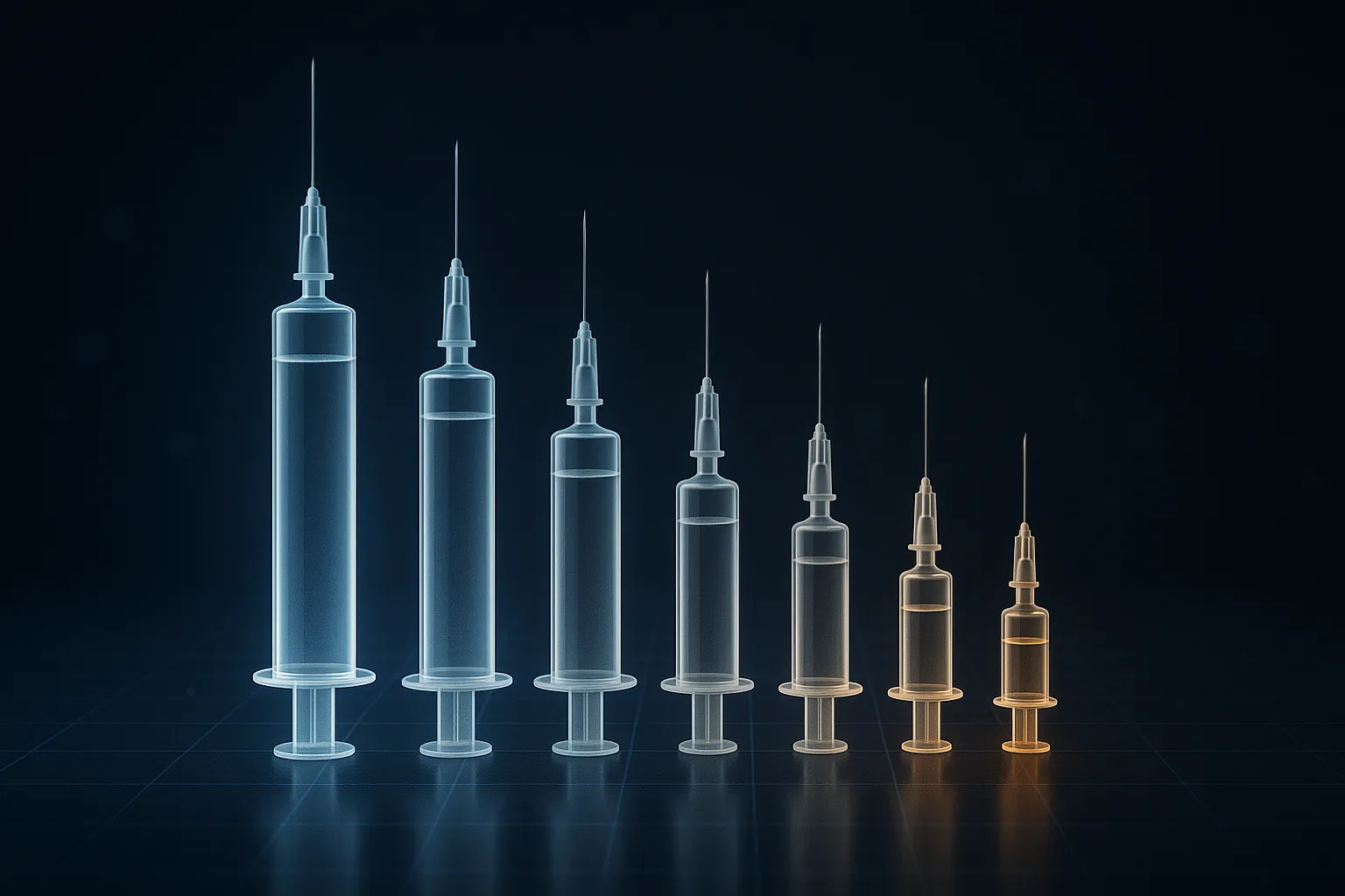 Descending staircase of glowing vials stepping down from tall silver to small gold, suggesting a falling price curve