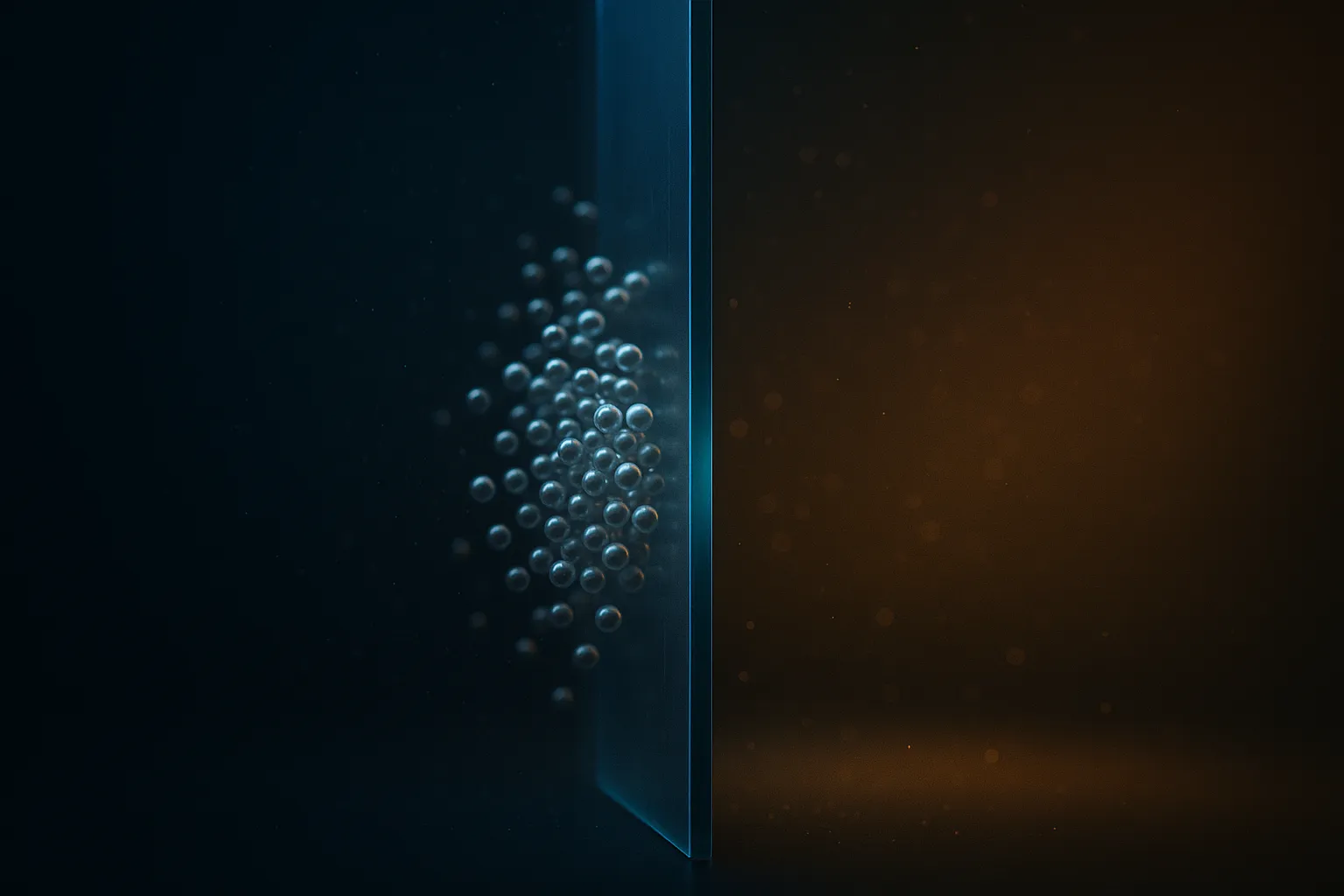 Tall translucent blue glass wall with silver peptide spheres clustered densely on one side and open gold-lit space on the other