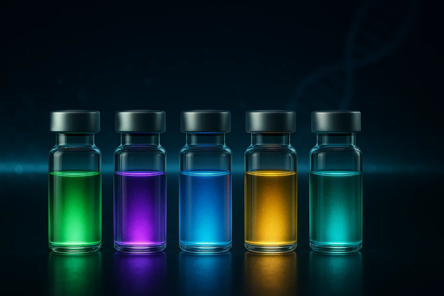 Five glowing research vials in a row on a dark lab surface, one per incretin drug class