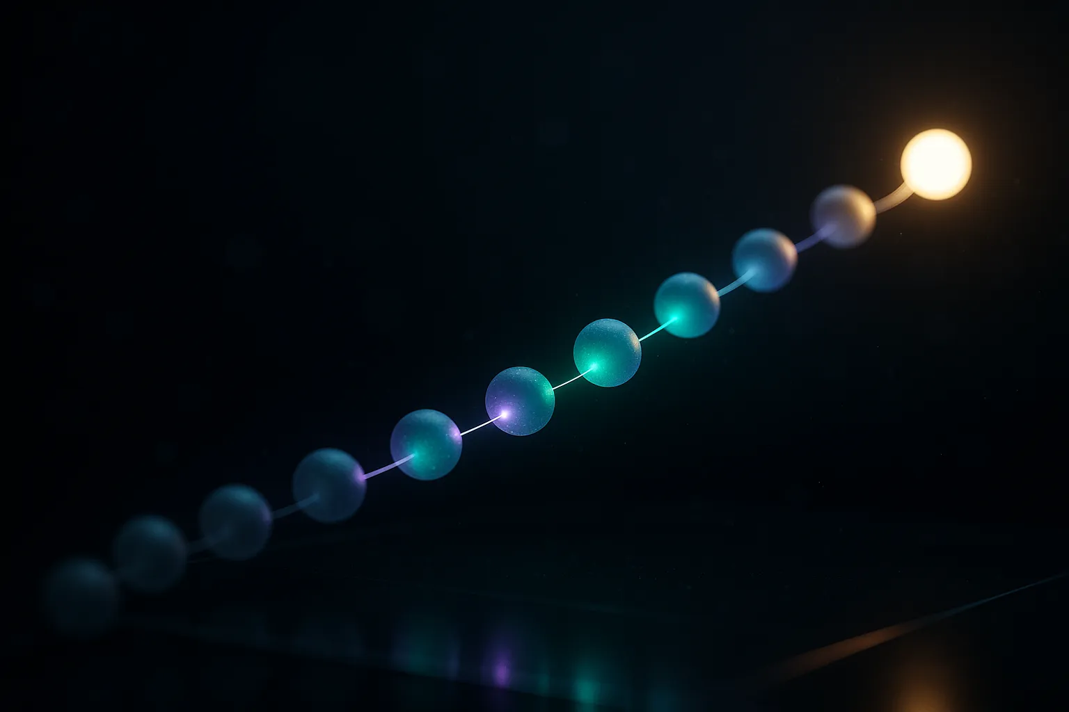 A glowing pathway of connected nodes rising from dim grey to bright white-gold, representing a drug moving through trial phases