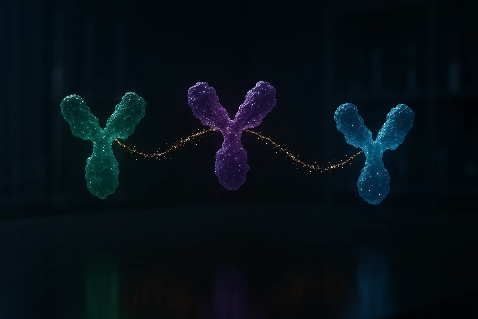 Three glowing receptor-like molecular structures connected by golden filaments above a dark reflective surface