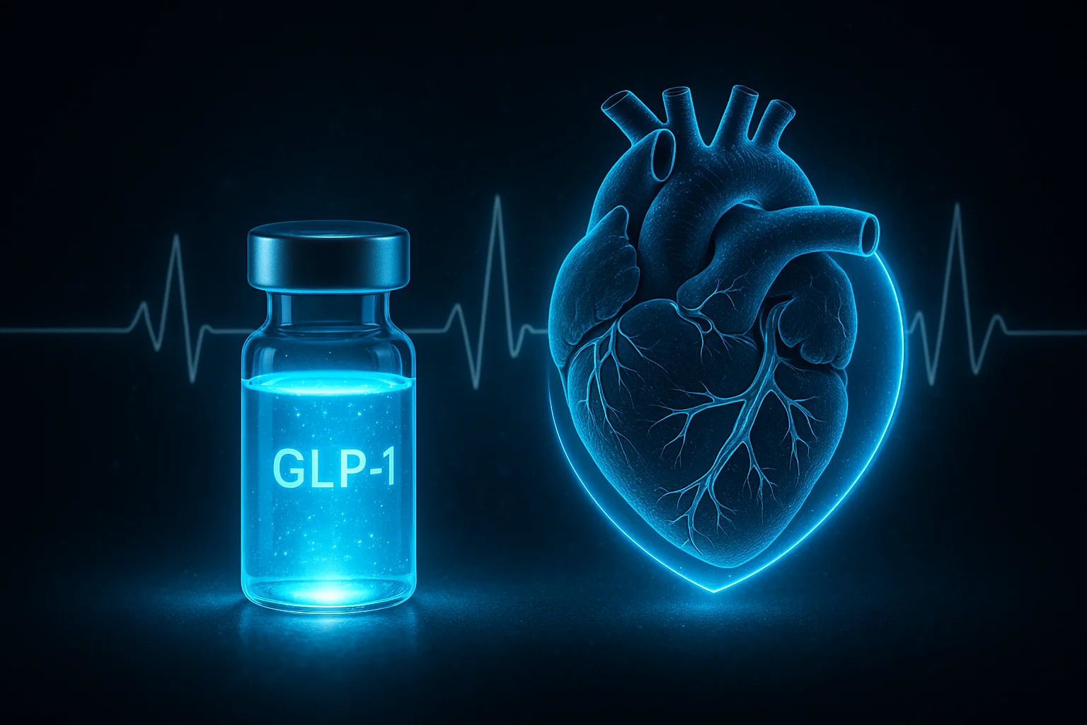 Glowing blue GLP-1 vial with stylized heart organ and cardiovascular ECG waveform on dark navy background