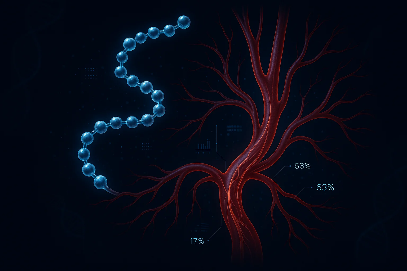 Stylized molecular structure of GLP-1 peptide with branching cardiovascular arteries and data visualization nodes on dark background
