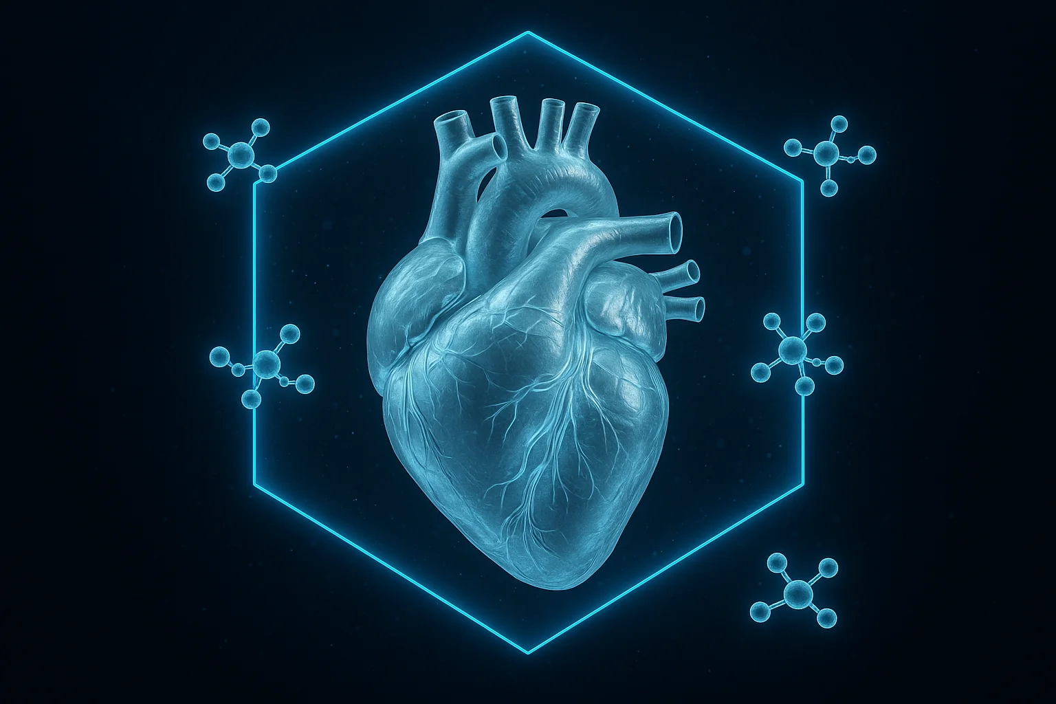 Stylized anatomical heart with protective glowing blue shield overlay and GLP-1 molecular chain on dark navy background