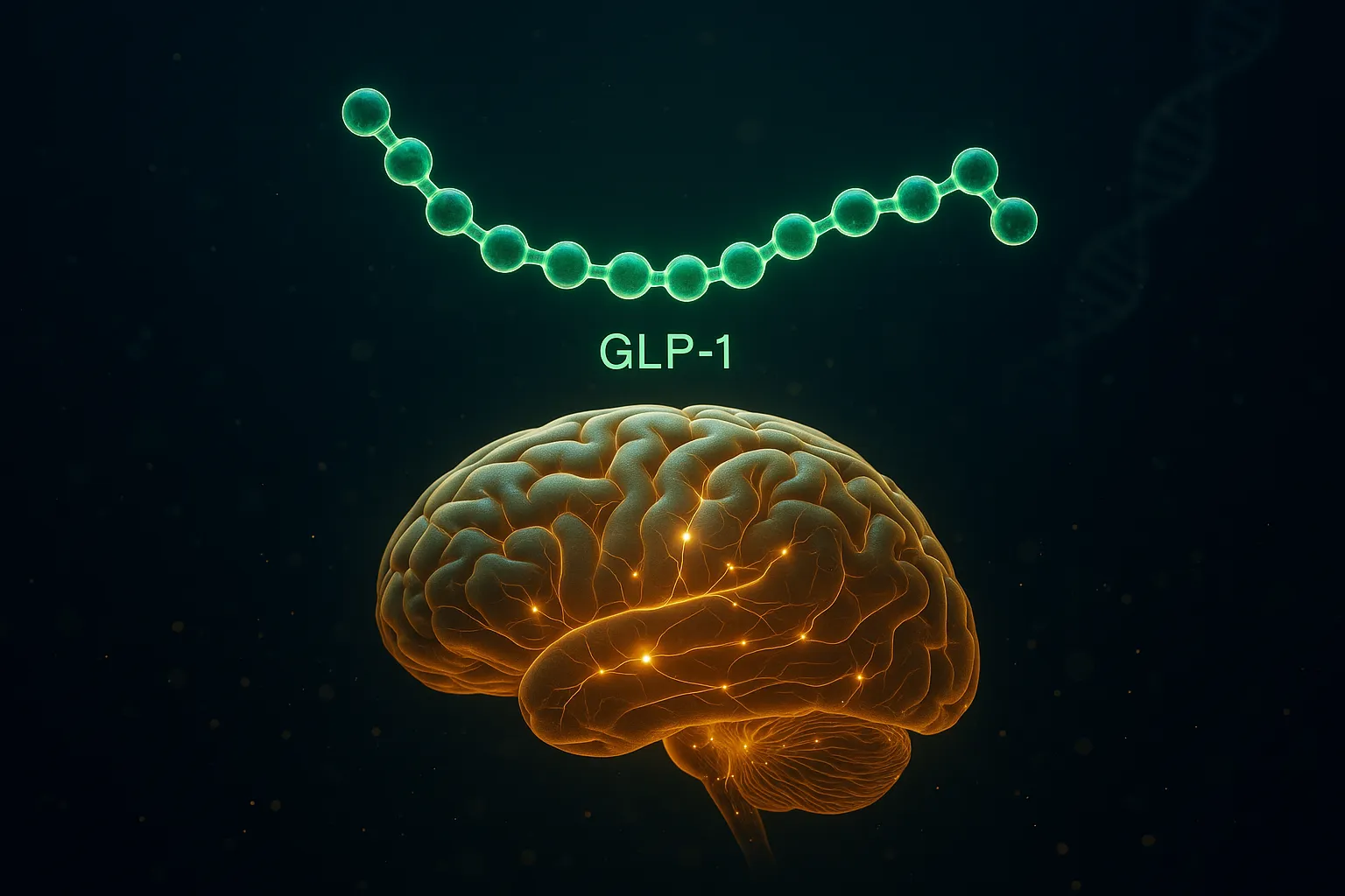 GLP-1 peptide molecular structure suspended over an abstract glowing brain with neural pathways