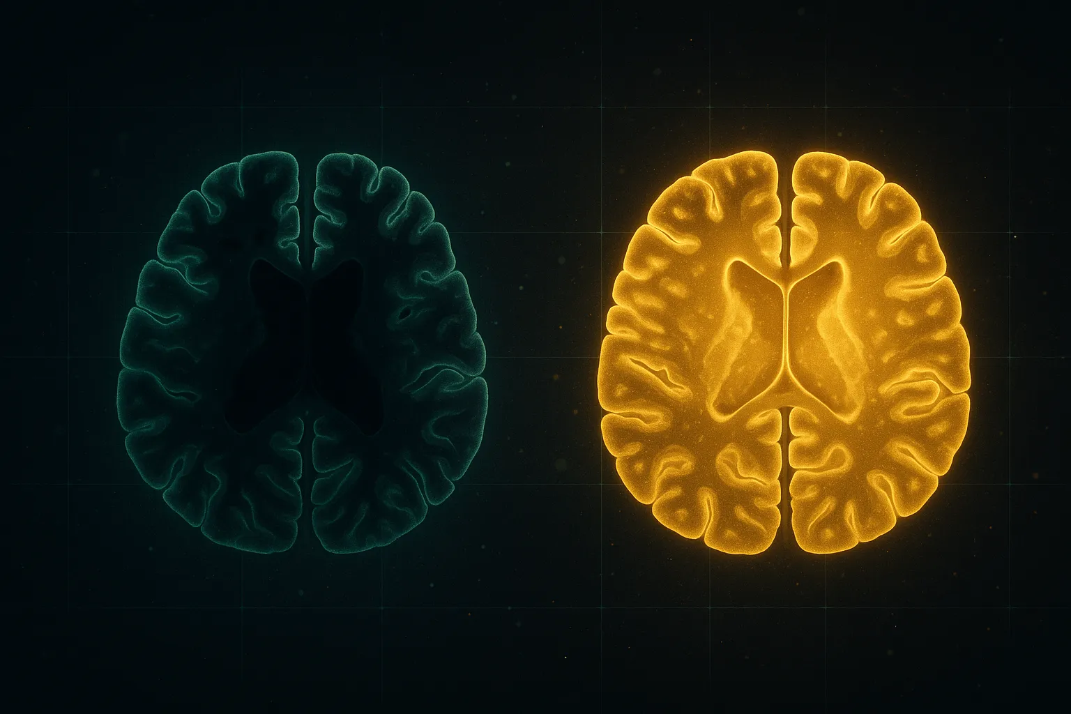 Scientific imaging aesthetic showing contrasting brain scans with one arm showing preserved gray matter volume