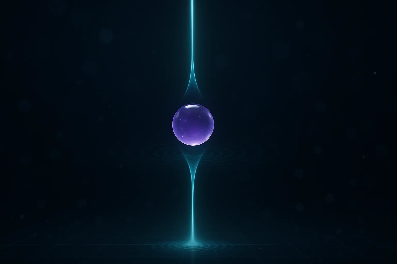 A small glowing violet sphere descending through a narrow luminous teal channel that constricts at its midpoint, faint concentric ripples spreading outward, on a dark navy field
