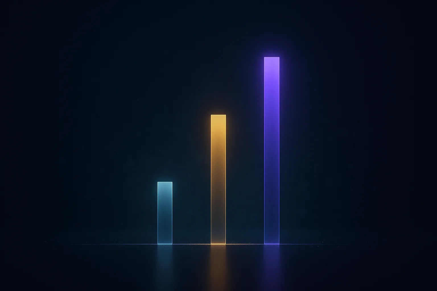 Three vertical bars of light at unequal heights on a dark navy field — a tall violet one, a medium gold one, and a barely raised silver-blue one, with faint teal haze behind