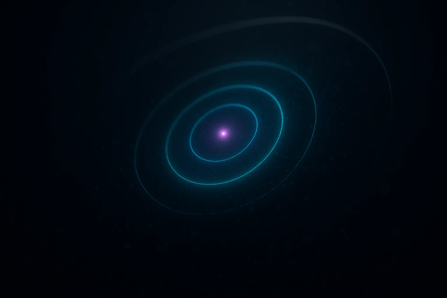 Four concentric luminous teal rings expanding outward from a bright violet core, the outermost dissolving into scattered motes, with a pale silver arc sweeping behind, on dark navy