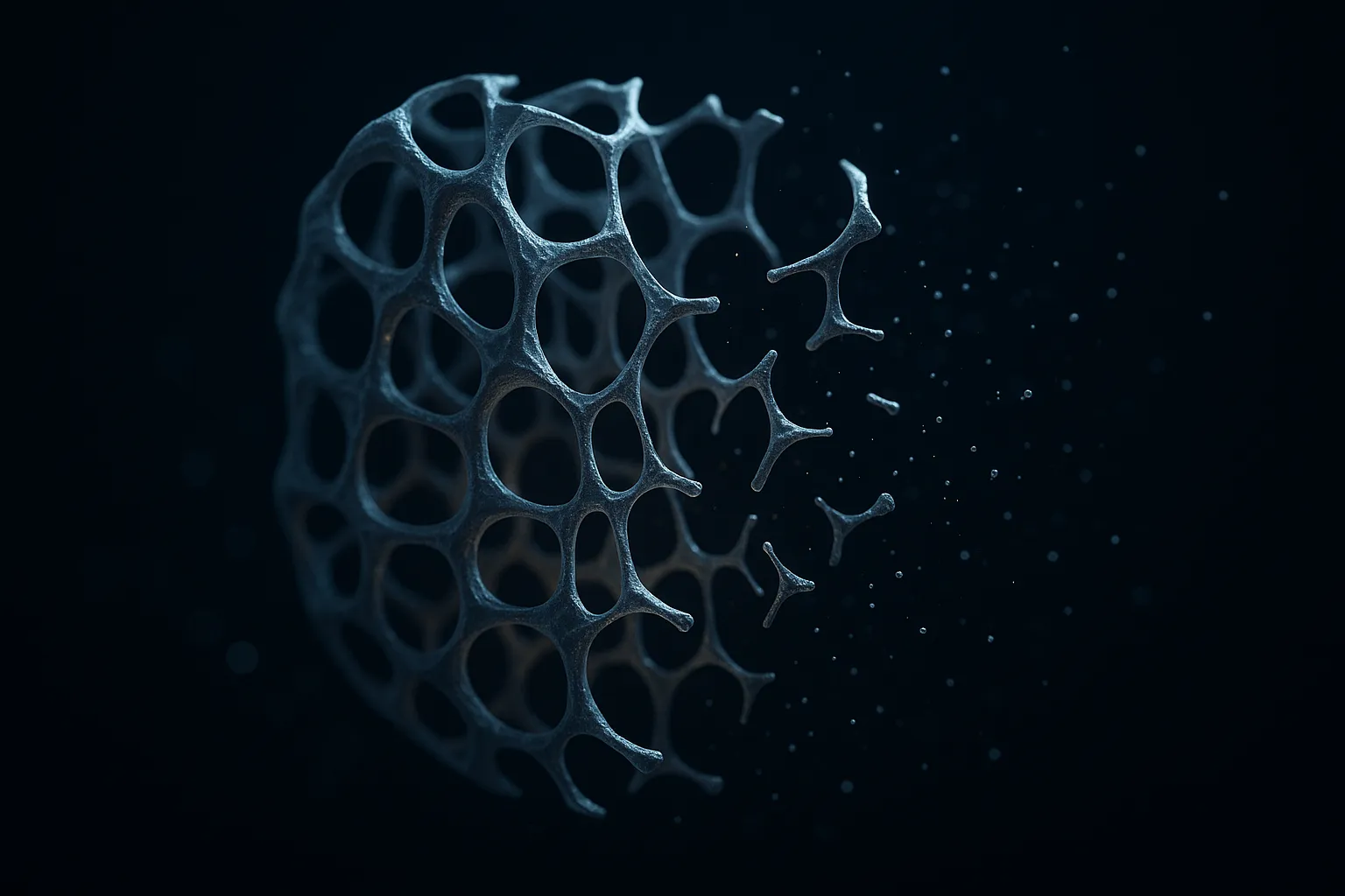 Cross-section of trabecular bone as a luminous silver-blue lattice, dense on the left and progressively thinning to the right where struts break apart into drifting particles