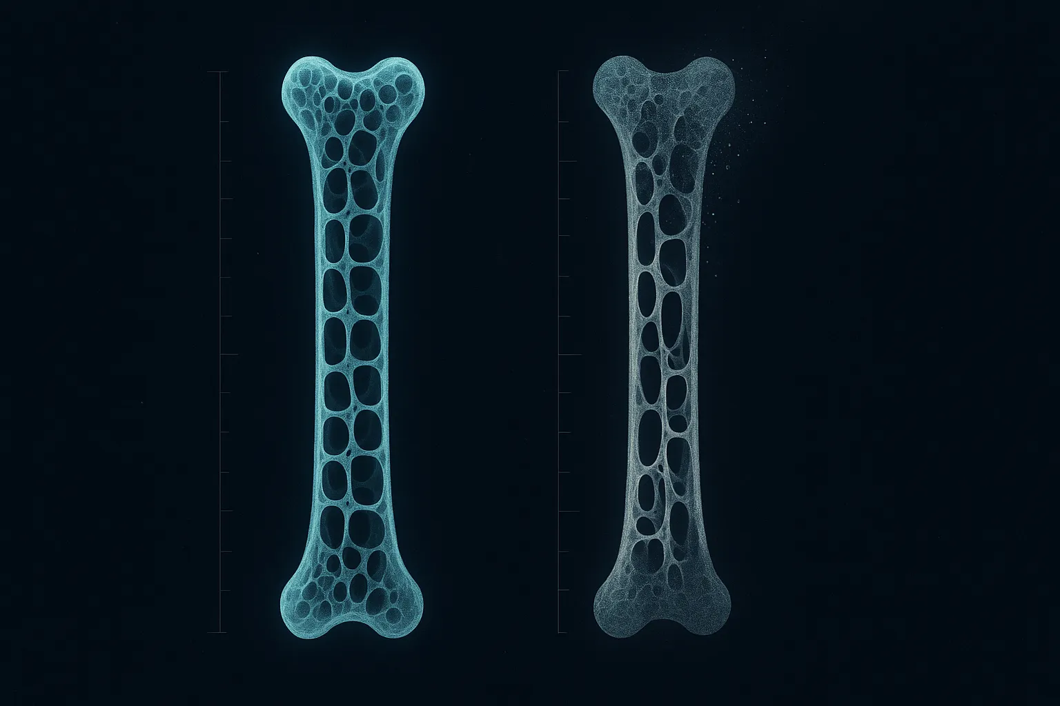 Two luminous bone-lattice columns side by side, the left dense and teal, the right pale silver-blue and visibly thinner and more porous in its upper two thirds