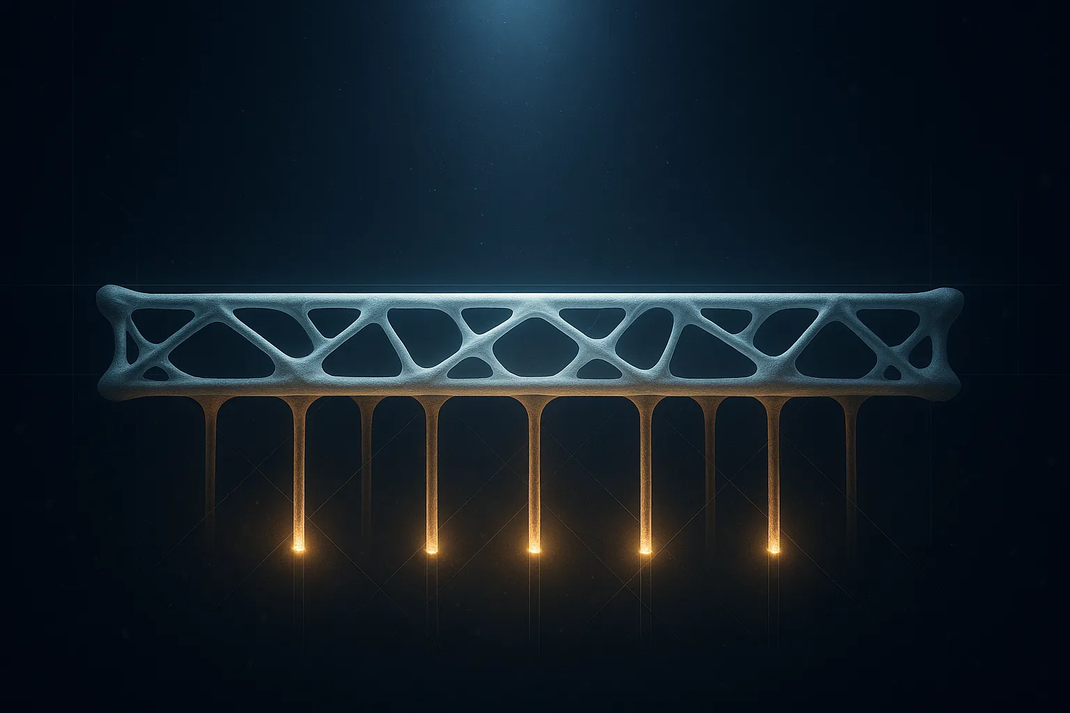 A luminous bone-lattice beam running horizontally, reinforced from beneath by glowing warm-gold support struts, holding firm under soft blue light falling from above
